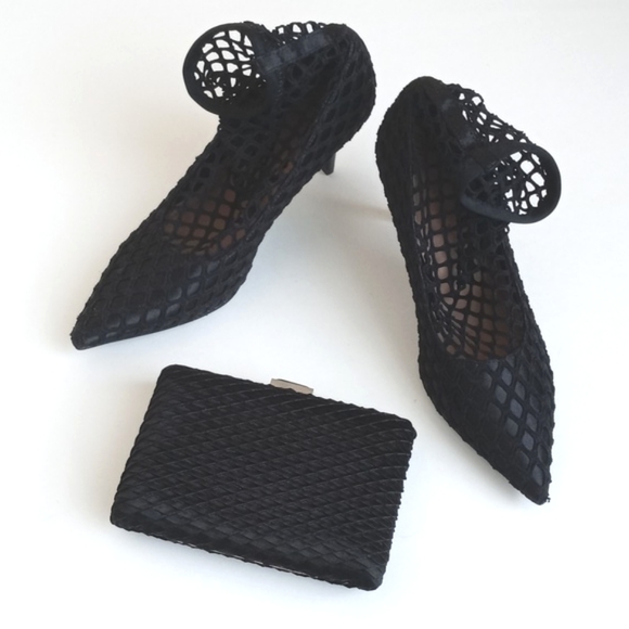 3 Piece Black Satin Evening Wear Combo Heels and Clutch Set - Picture 4 of 7